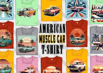 Trendy American Muscle Car t-shirt design bundle with 80 png & jpeg designs – download instantly