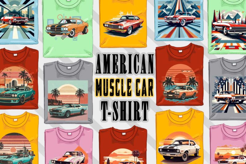 Trendy American Muscle Car t-shirt design bundle with 80 png & jpeg designs – download instantly