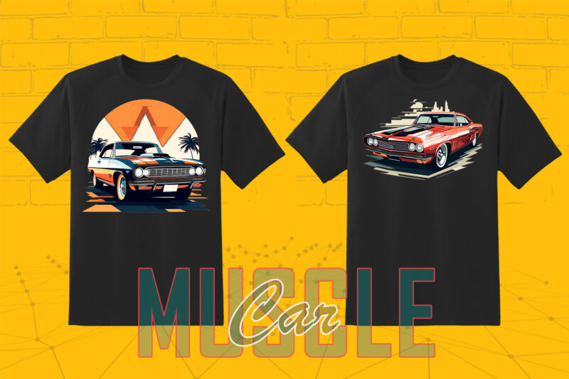 Trendy American Muscle Car t-shirt design bundle with 80 png & jpeg designs – download instantly