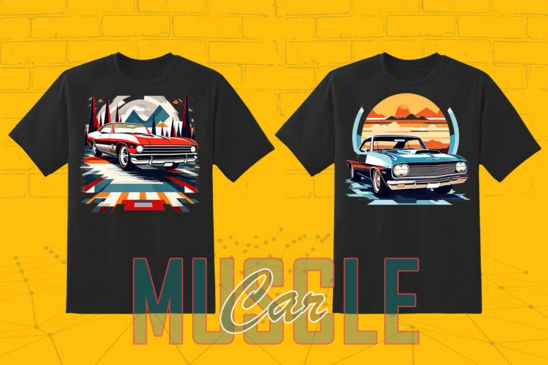 Trendy American Muscle Car t-shirt design bundle with 80 png & jpeg designs – download instantly