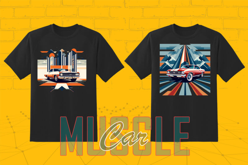 Trendy American Muscle Car t-shirt design bundle with 80 png & jpeg designs – download instantly