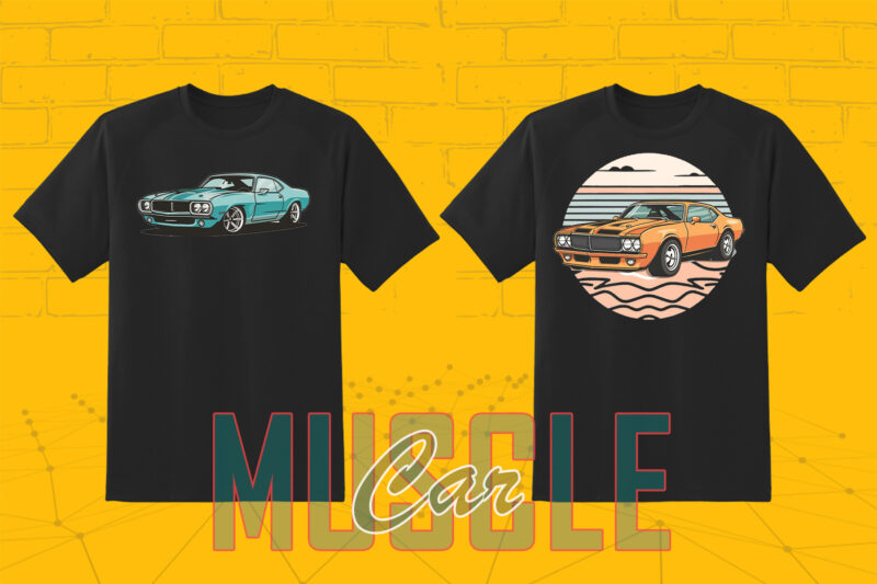 Trendy American Muscle Car t-shirt design bundle with 80 png & jpeg designs – download instantly