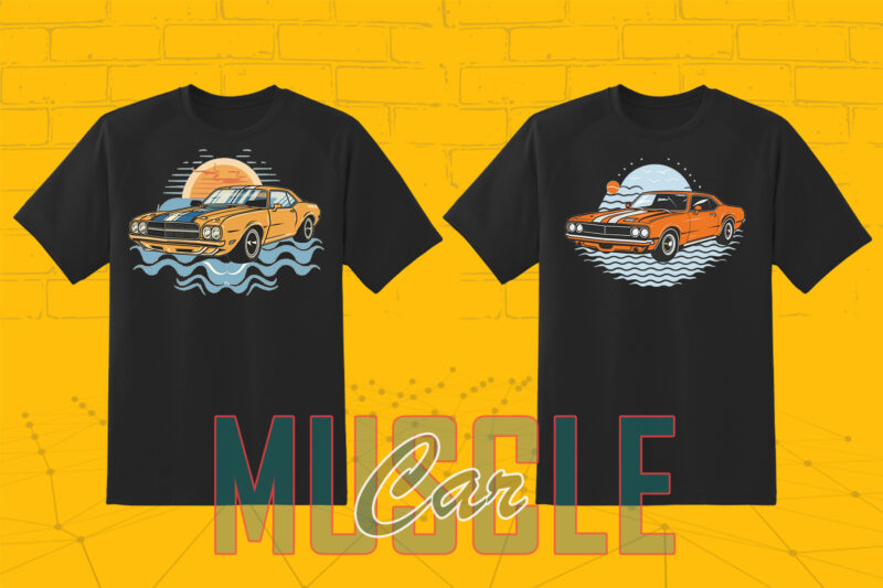 Trendy American Muscle Car t-shirt design bundle with 80 png & jpeg designs – download instantly