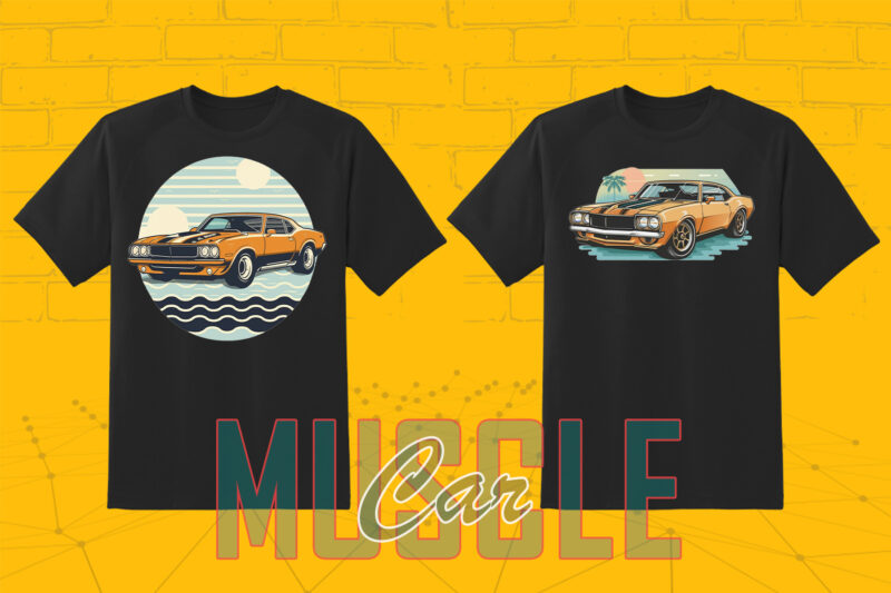 Trendy American Muscle Car t-shirt design bundle with 80 png & jpeg designs – download instantly