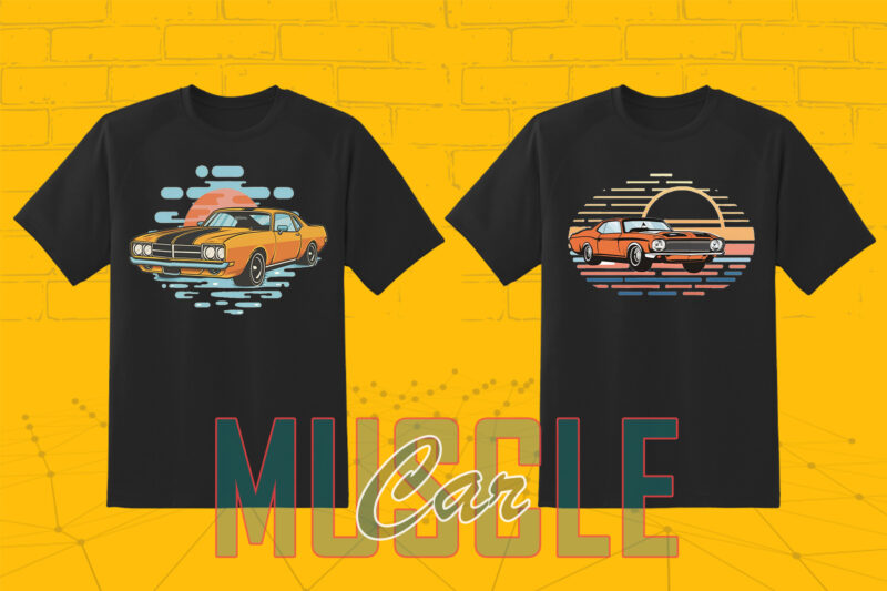 Trendy American Muscle Car t-shirt design bundle with 80 png & jpeg designs – download instantly