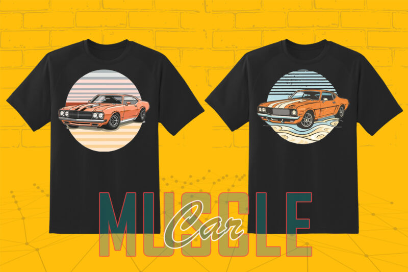 Trendy American Muscle Car t-shirt design bundle with 80 png & jpeg designs – download instantly