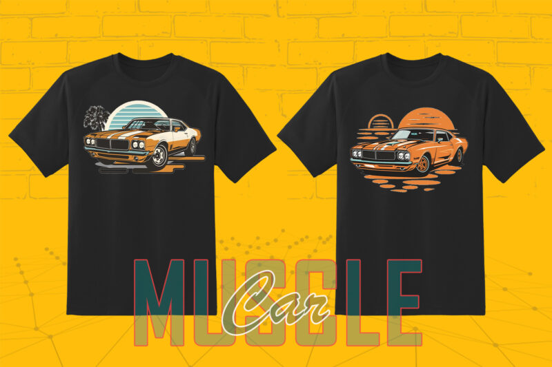 Trendy American Muscle Car t-shirt design bundle with 80 png & jpeg designs – download instantly