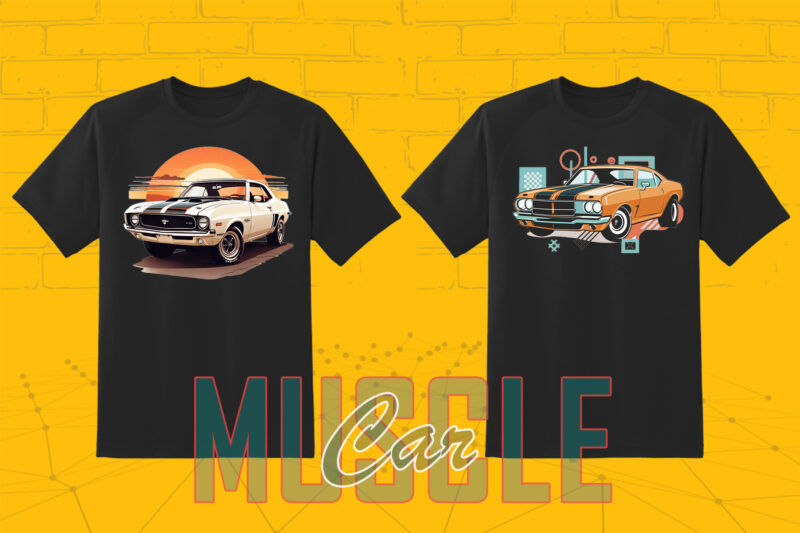 Trendy American Muscle Car t-shirt design bundle with 80 png & jpeg designs – download instantly