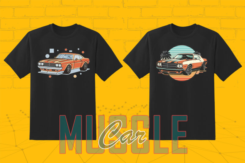 Trendy American Muscle Car t-shirt design bundle with 80 png & jpeg designs – download instantly