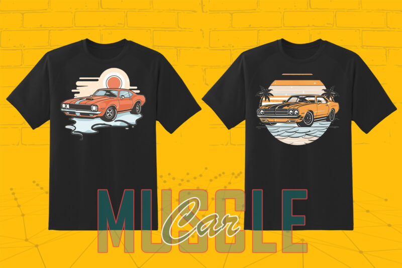 Trendy American Muscle Car t-shirt design bundle with 80 png & jpeg designs – download instantly