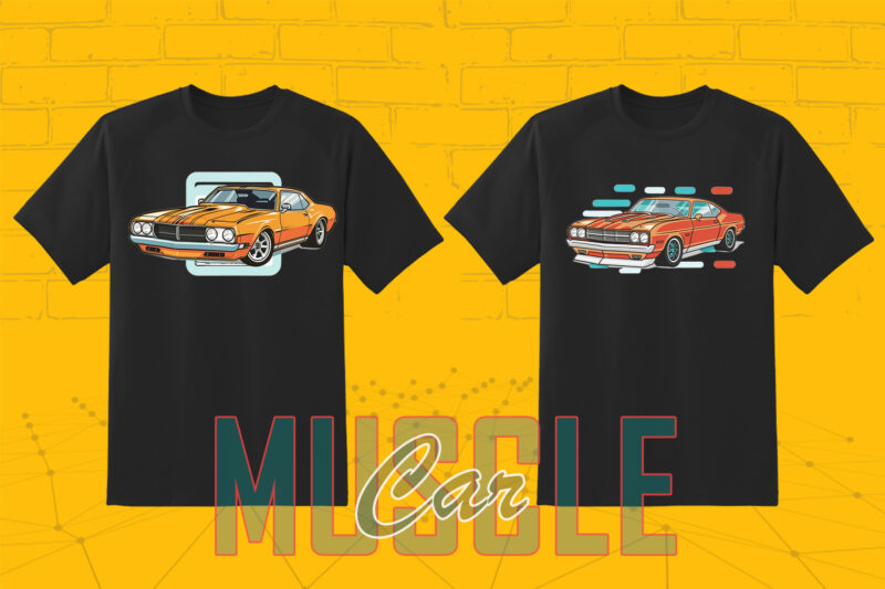 Trendy American Muscle Car t-shirt design bundle with 80 png & jpeg designs – download instantly