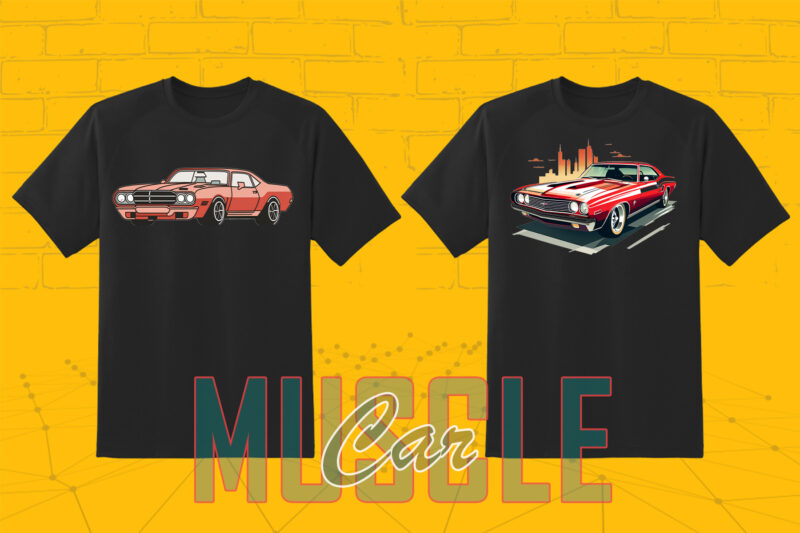 Trendy American Muscle Car t-shirt design bundle with 80 png & jpeg designs – download instantly