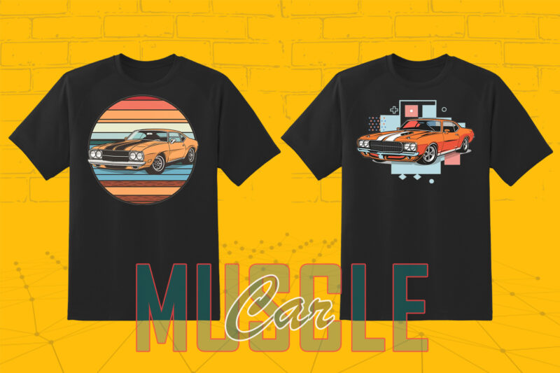 Trendy American Muscle Car t-shirt design bundle with 80 png & jpeg designs – download instantly