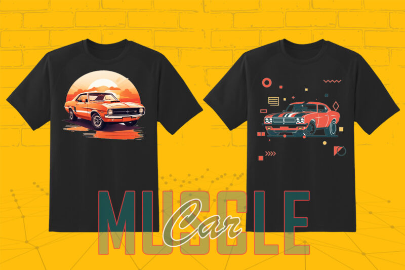 Trendy American Muscle Car t-shirt design bundle with 80 png & jpeg designs – download instantly