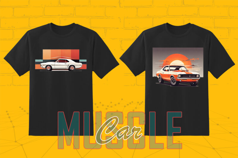 Trendy American Muscle Car t-shirt design bundle with 80 png & jpeg designs – download instantly