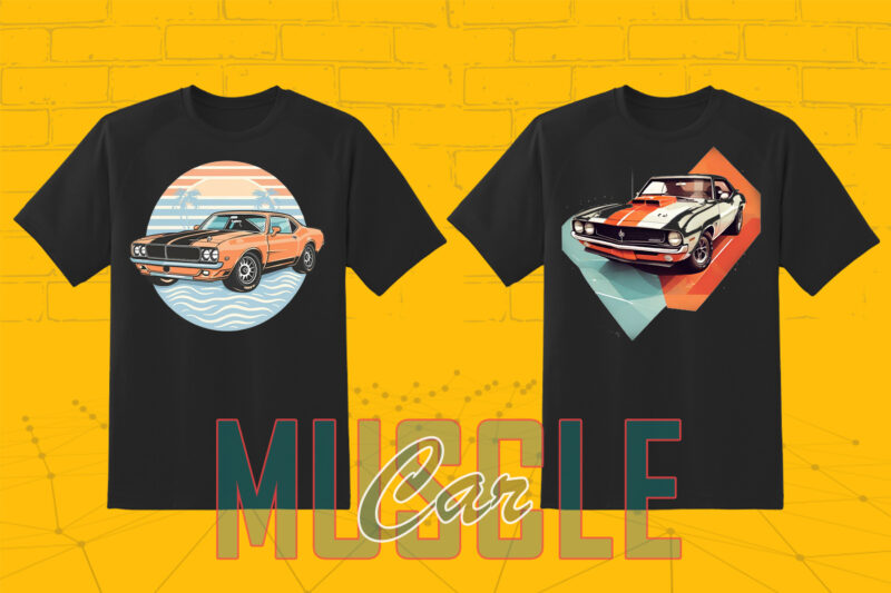 Trendy American Muscle Car t-shirt design bundle with 80 png & jpeg designs – download instantly