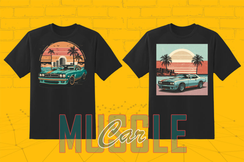 Trendy American Muscle Car t-shirt design bundle with 80 png & jpeg designs – download instantly