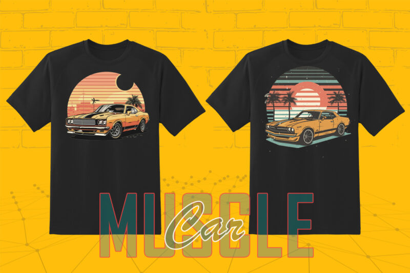 Trendy American Muscle Car t-shirt design bundle with 80 png & jpeg designs – download instantly