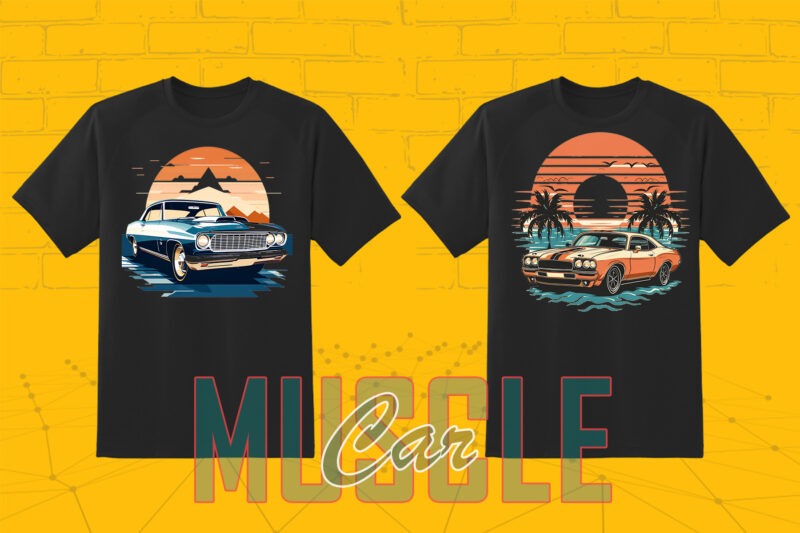 Trendy American Muscle Car t-shirt design bundle with 80 png & jpeg designs – download instantly