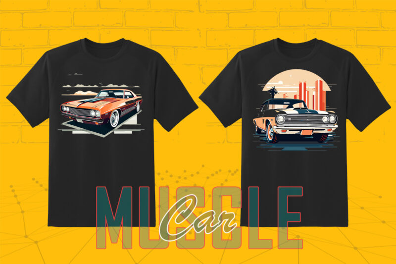 Trendy American Muscle Car t-shirt design bundle with 80 png & jpeg designs – download instantly