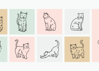 Cute Cats with Different Poses Expressions and Emotions Monoline Vector Illustration
