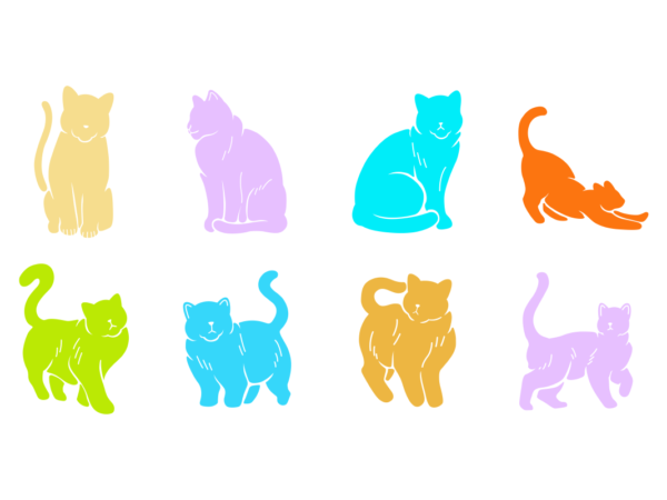 Cute cats with different poses expressions and emotions silhouette vector illustration