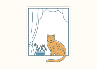 Cute Cat with Flower Behind House Window Curtains