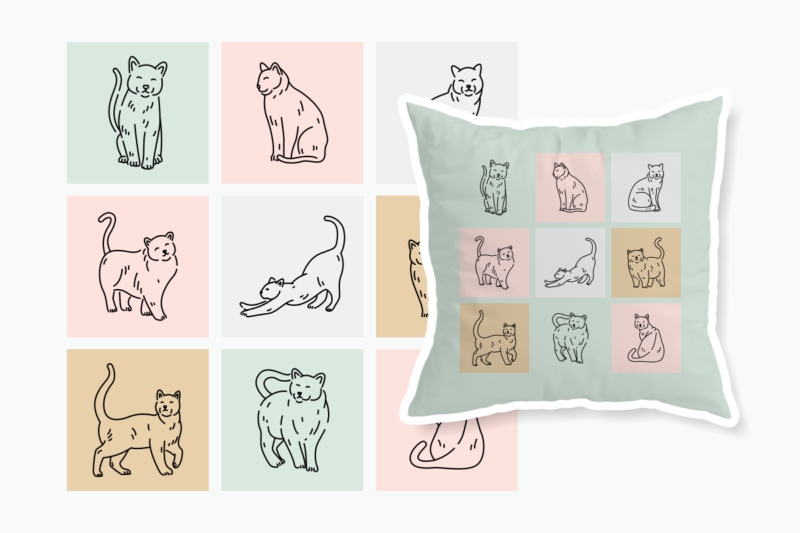 Cute Cats with Different Poses Expressions and Emotions Monoline Vector Illustration