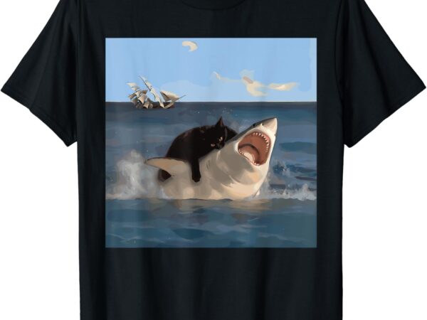 Cat biting shark humorous playful funny cat and shark t-shirt