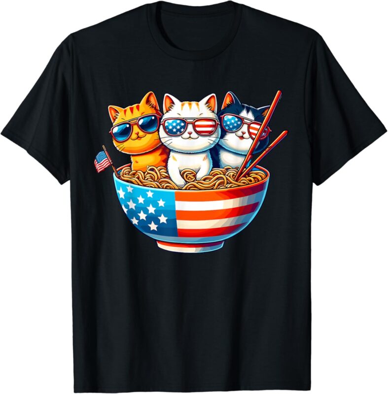 Cats Ramen Anime American Flag USA Funny 4th Of July T-Shirt