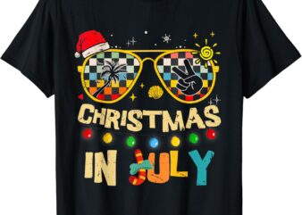 Christmas In July Santa Hat Sunglasses Summer Vacation Beach T-Shirt