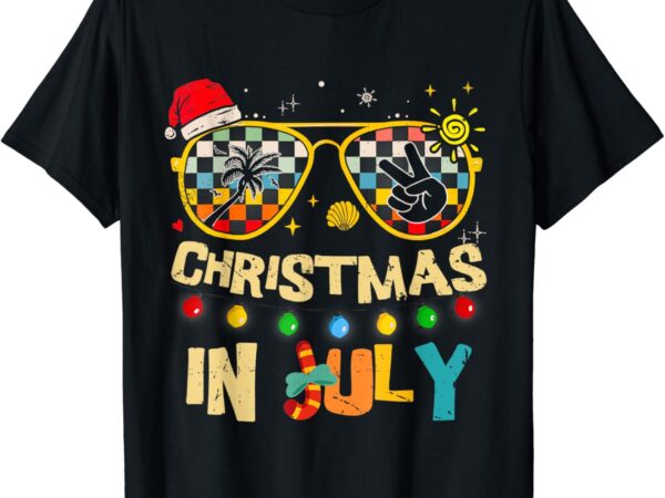 Christmas in july santa hat sunglasses summer vacation beach t-shirt