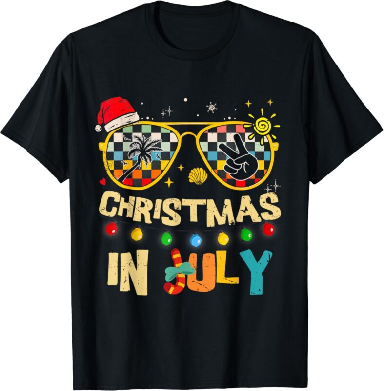 Christmas In July Santa Hat Sunglasses Summer Vacation Beach T-Shirt