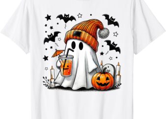 Cute Ghost Drinking Coffee Halloween Ghost Coffee Womens T-Shirt