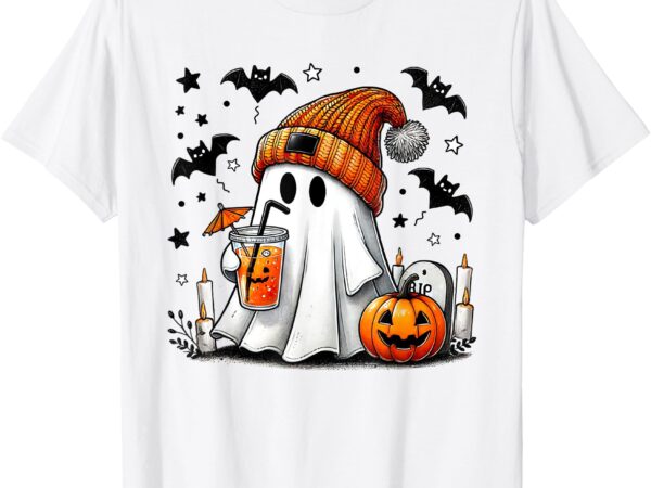 Cute ghost drinking coffee halloween ghost coffee womens t-shirt