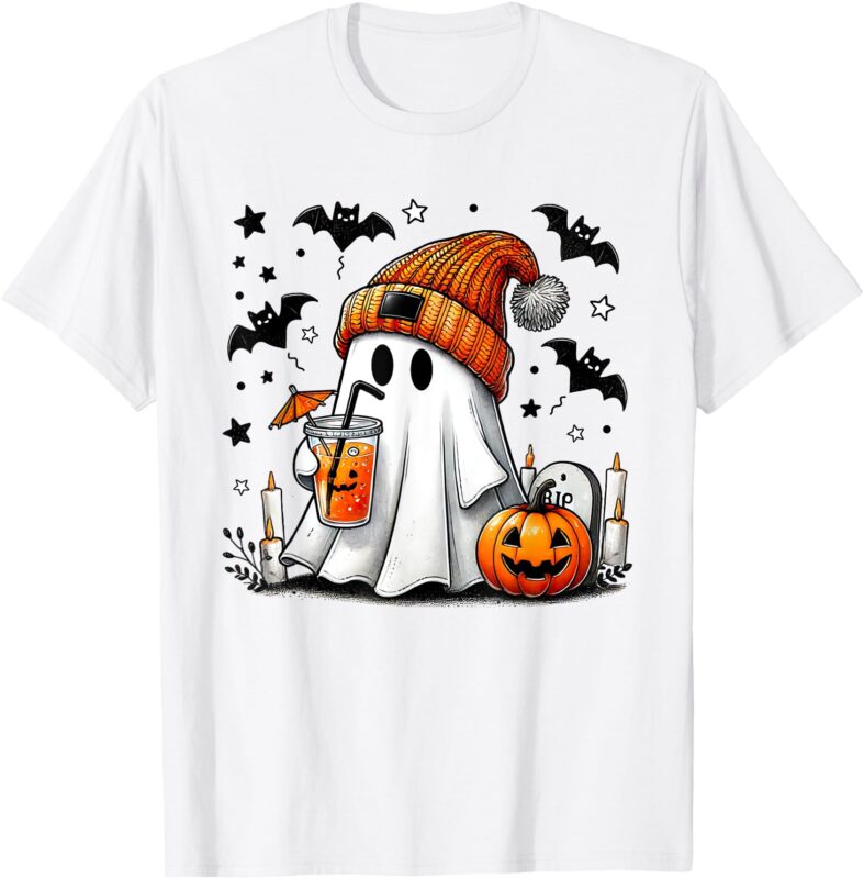 Cute Ghost Drinking Coffee Halloween Ghost Coffee Womens T-Shirt