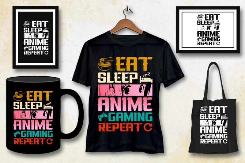 Eat Sleep Anime Gaming Repeat T-Shirt Design