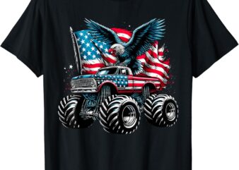 Monster Truck Bald Eagle 4th of July Boys American Flag T-Shirt
