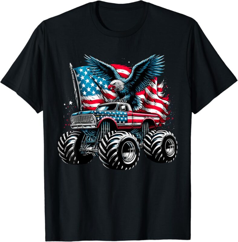 Monster Truck Bald Eagle 4th of July Boys American Flag T-Shirt