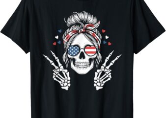 Patriotic American Flag Skull Messy Bun Peace USA 4th July T-Shirt