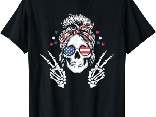 Patriotic american flag skull messy bun peace usa 4th july t-shirt