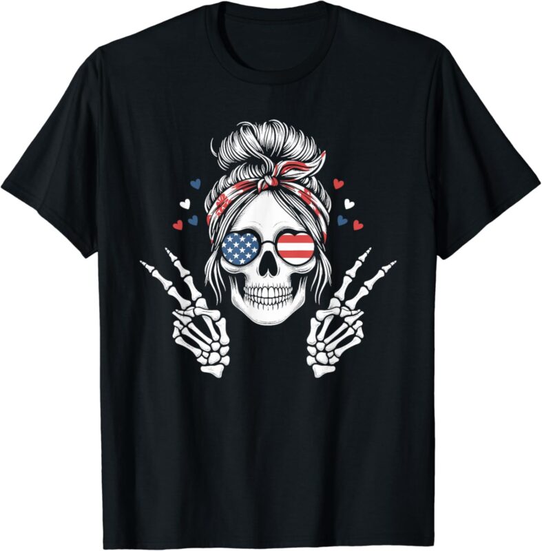 Patriotic American Flag Skull Messy Bun Peace USA 4th July T-Shirt