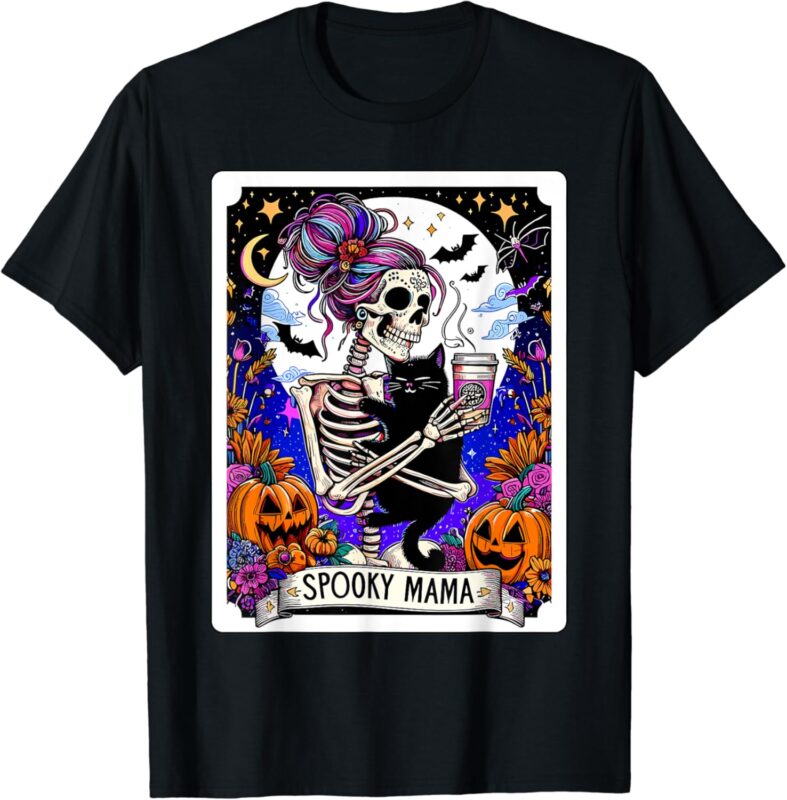 Spooky Mama Tarot Card Halloween Mom Skull Mama Black Cat T-Shirt