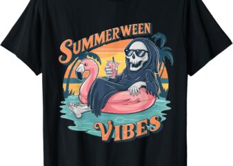 Summerween Vibes Skeleton Flamingo Float Summer Halloween T-Shirt