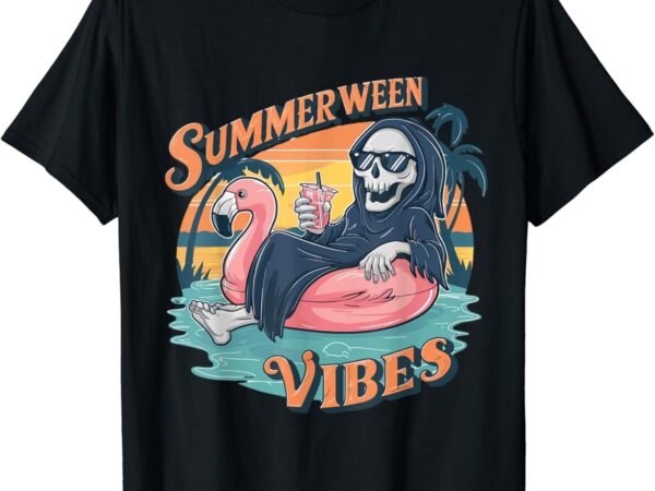 Summerween vibes skeleton flamingo float summer halloween t-shirt