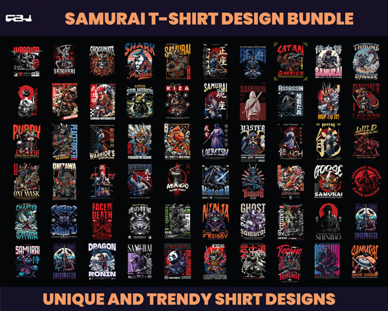 60 Japanese Designs bundles, T-shirt Design bundle, Samurai Designs, Samurai Geisha, ninja designs, Graphics tees design, Ronin, DTF, DTG