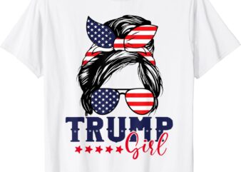 Trump Girl Messy Bun Trump 2024 Election American Flag T-Shirt
