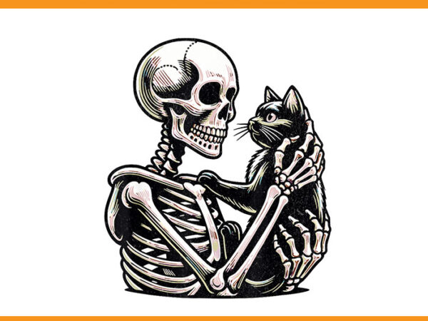 Skeleton playing with a cat png, skull cat png t shirt template vector