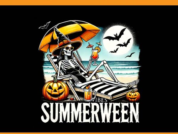 Summerween vibes spooky png, halloween pumpkin skeleton summer png t shirt template vector