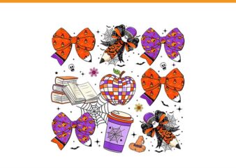 Coquette bows pencil books coffee teacher halloween spooky png, coquette bow trick or teach spooky teacher ghost halloween png